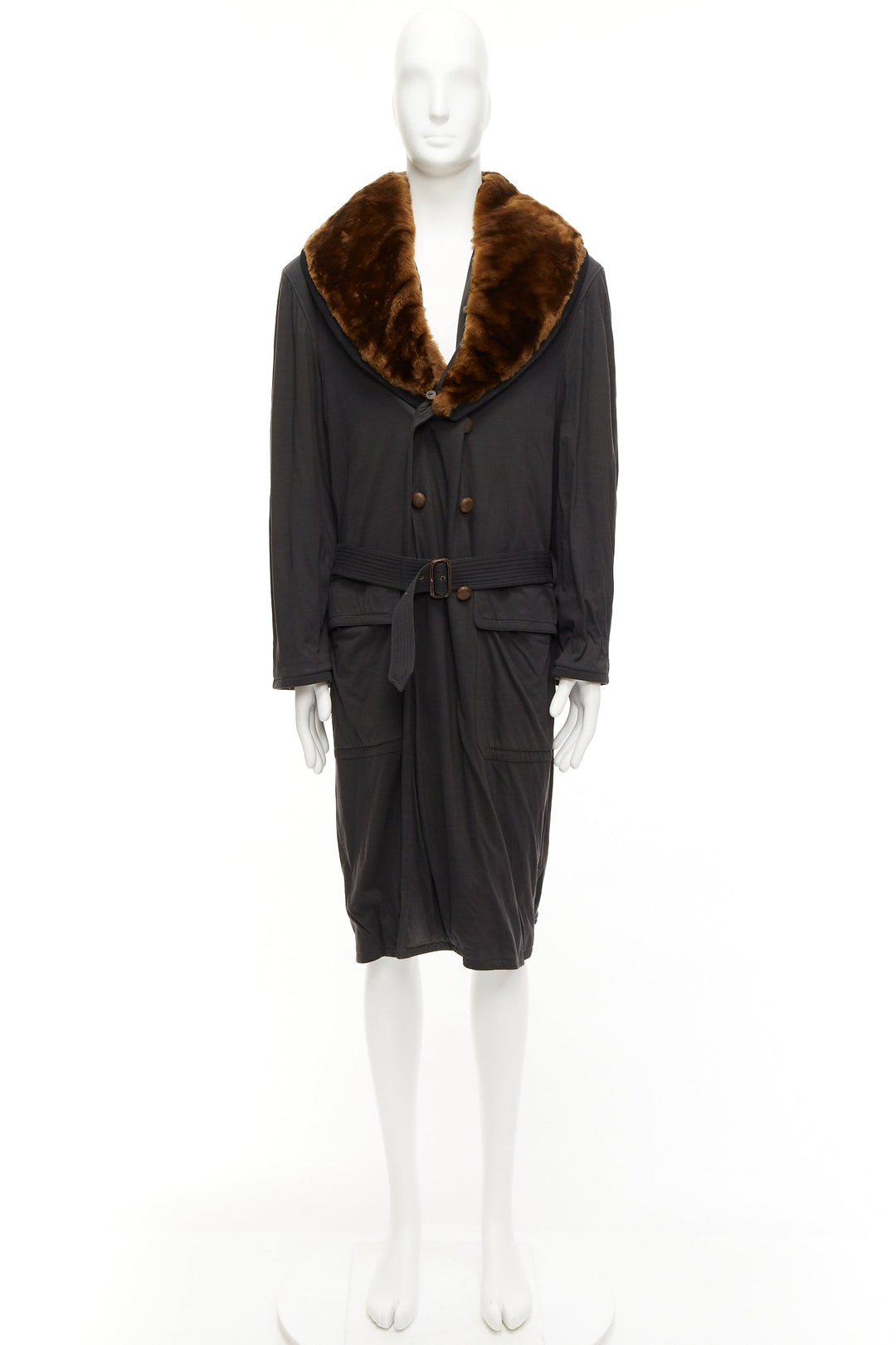 rare JEAN PAUL GAULTIER HOMME brown faux fur collar black cotton belted coat L