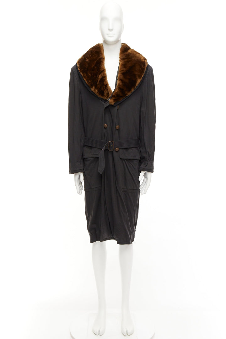 rare JEAN PAUL GAULTIER HOMME brown faux fur collar black cotton belted coat L