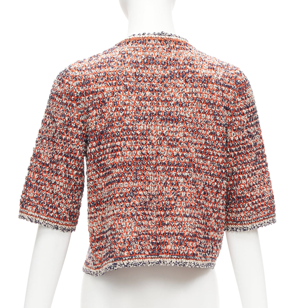CHANEL 2011 red boule knit CC logo gold chain cropped jacket FR36 S