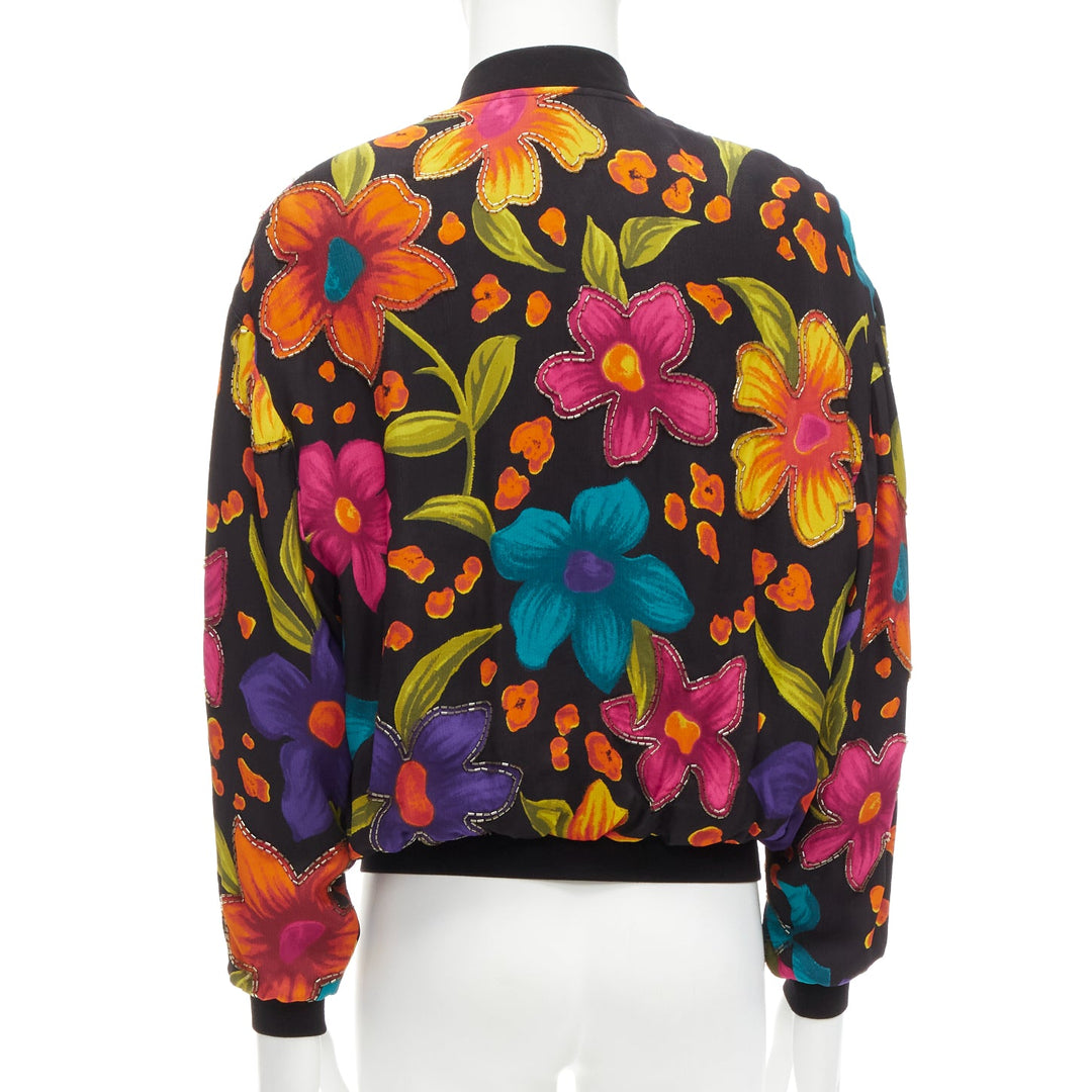SAINT LAURENT 2021 Teddy floral crepe embellished bomber jacket FR44 XS