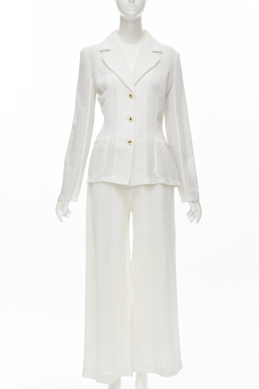 MARIOT CHANET white textured logo button fitted blazer wide leg pants IT42 M