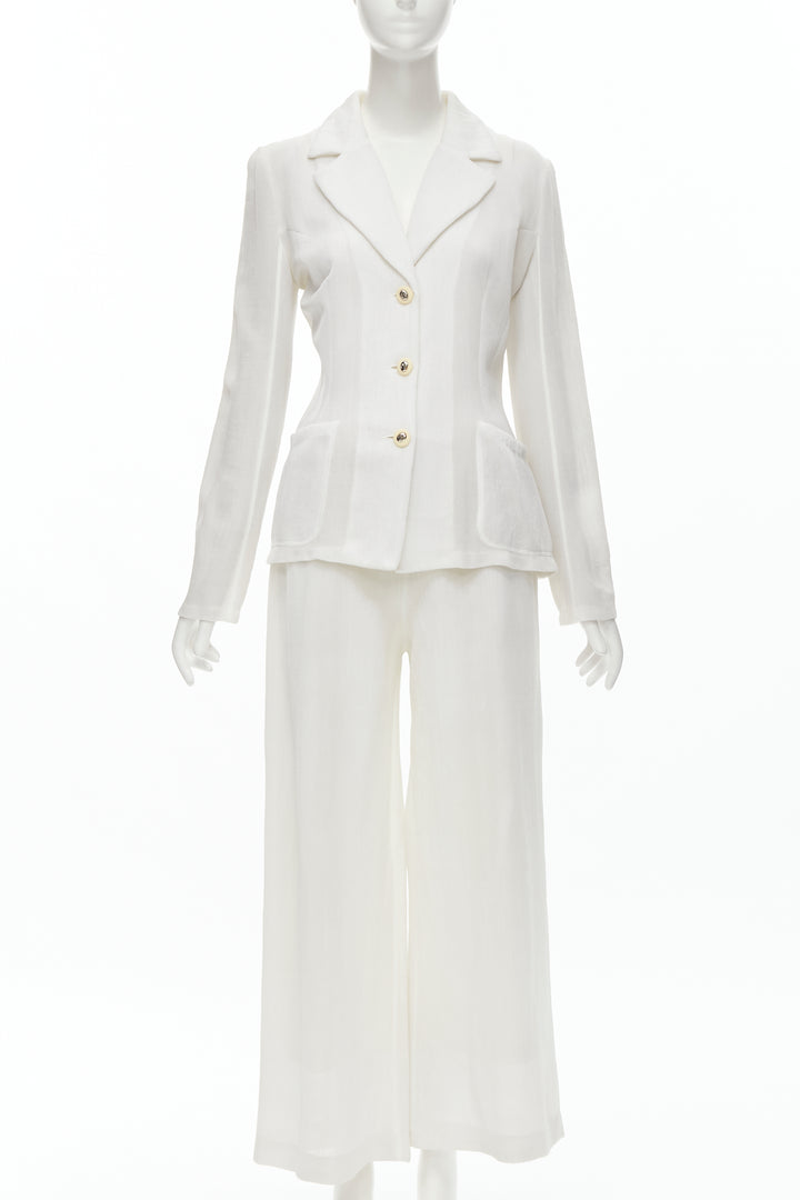 MARIOT CHANET white textured logo button fitted blazer wide leg pants IT42 M