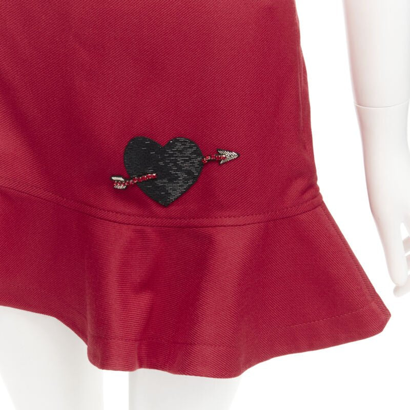 VALENTINO black beaded heart badge red twill flared frill shorts IT38 XS