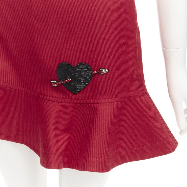 VALENTINO black beaded heart badge red twill flared frill shorts IT38 XS