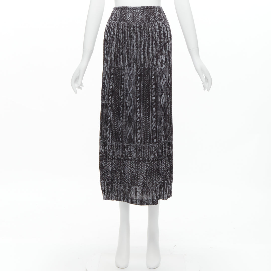 ISSEY MIYAKE PLEATS PLEASE grey black cable knit print pleated midi skirt JP2 M