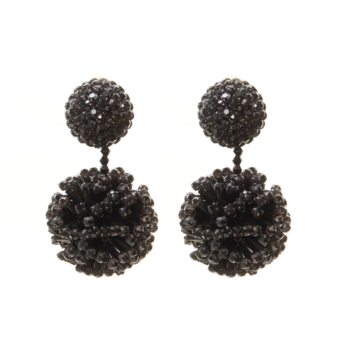 OSCAR DE LA RENTA black beaded crystal double ball drop clip on earrings