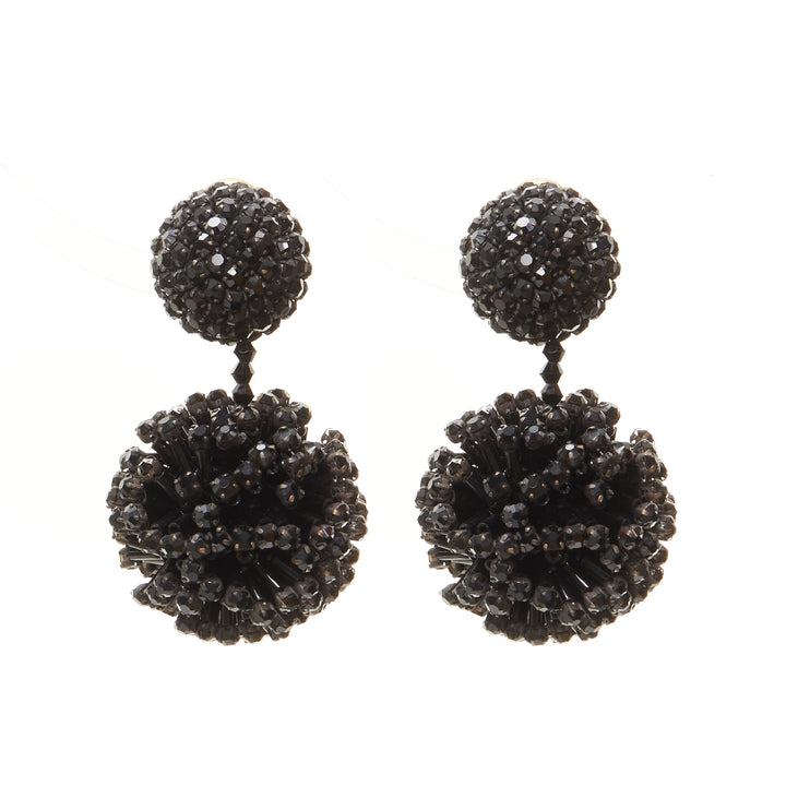 OSCAR DE LA RENTA black beaded crystal double ball drop clip on earrings