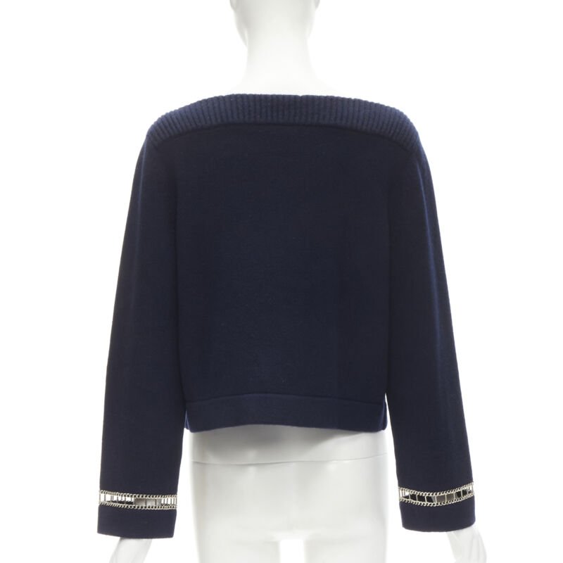 CHANEL 2020 Runway 100% cashmere navy gold chain trim boat neck sweater FR38