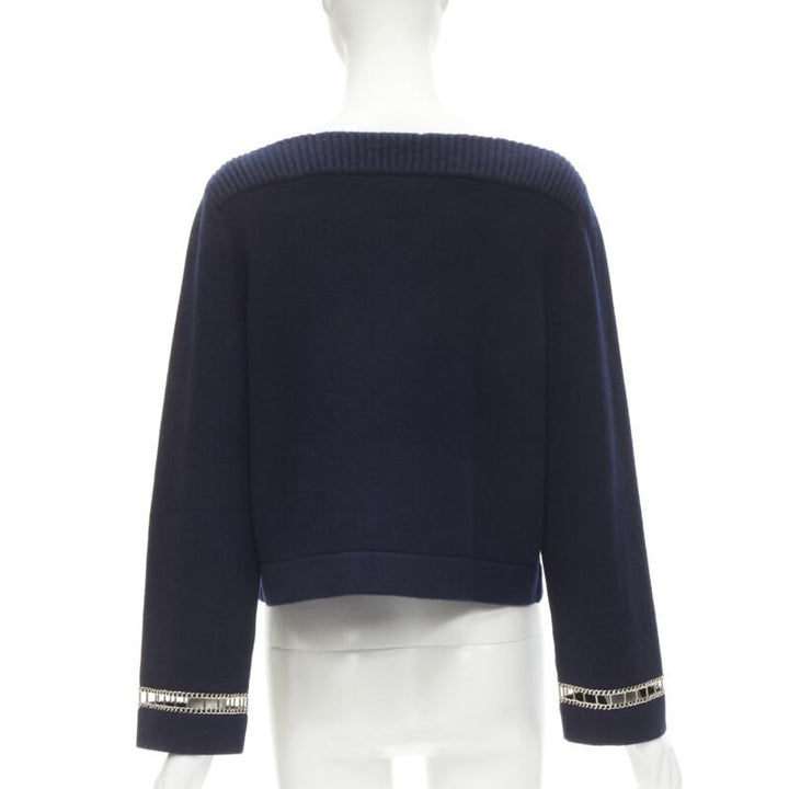 CHANEL 2020 Runway 100% cashmere navy gold chain trim boat neck sweater FR38