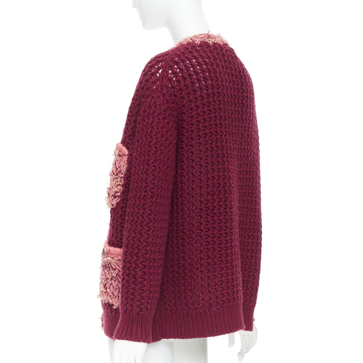 CHANEL 2022 Runway 100% cashmere burgundy pink tweed 4 pockets cardigan FR34 XS