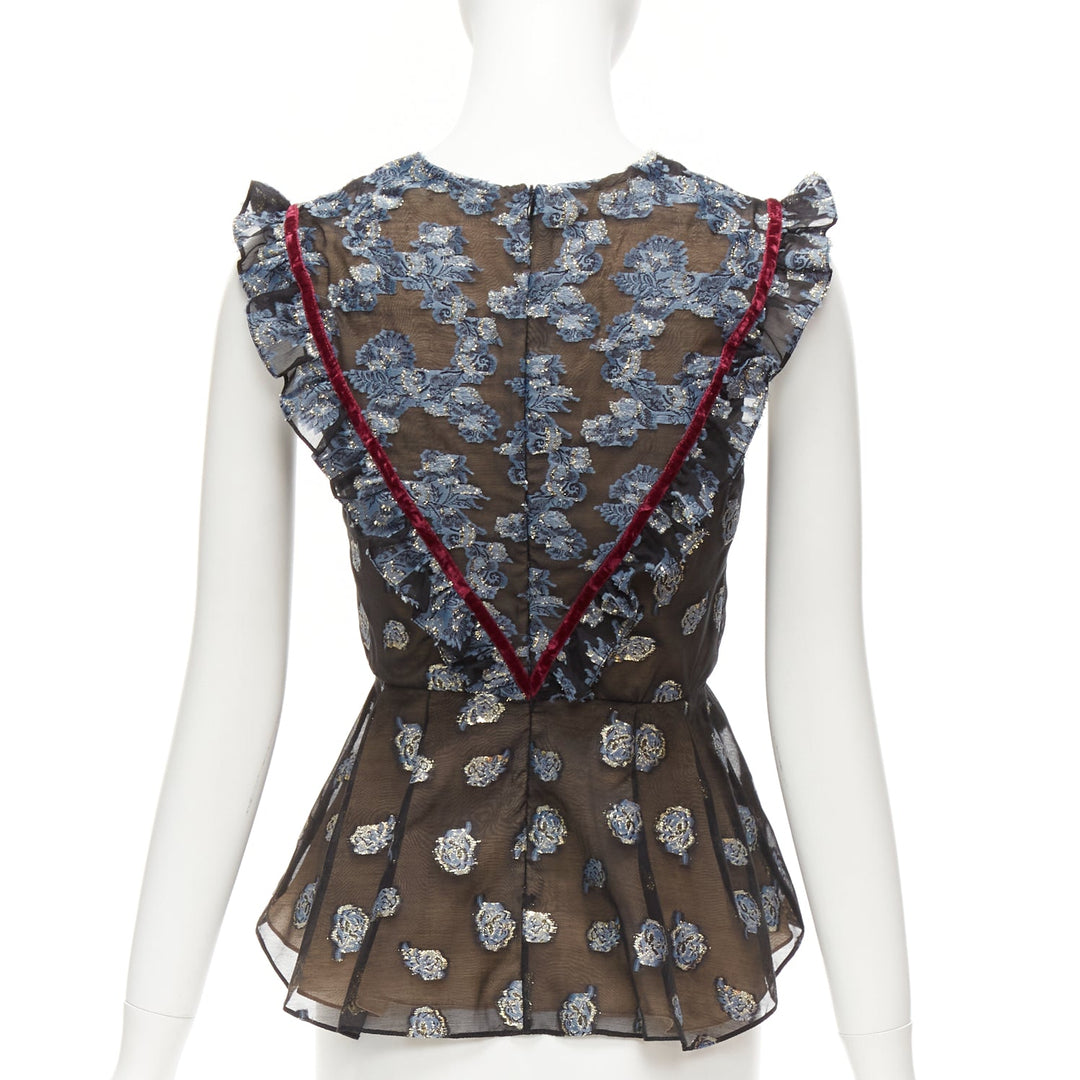 ERDEM 2016 multicolour velvet trim gold blue jacquard frill peplum top UK6 XS