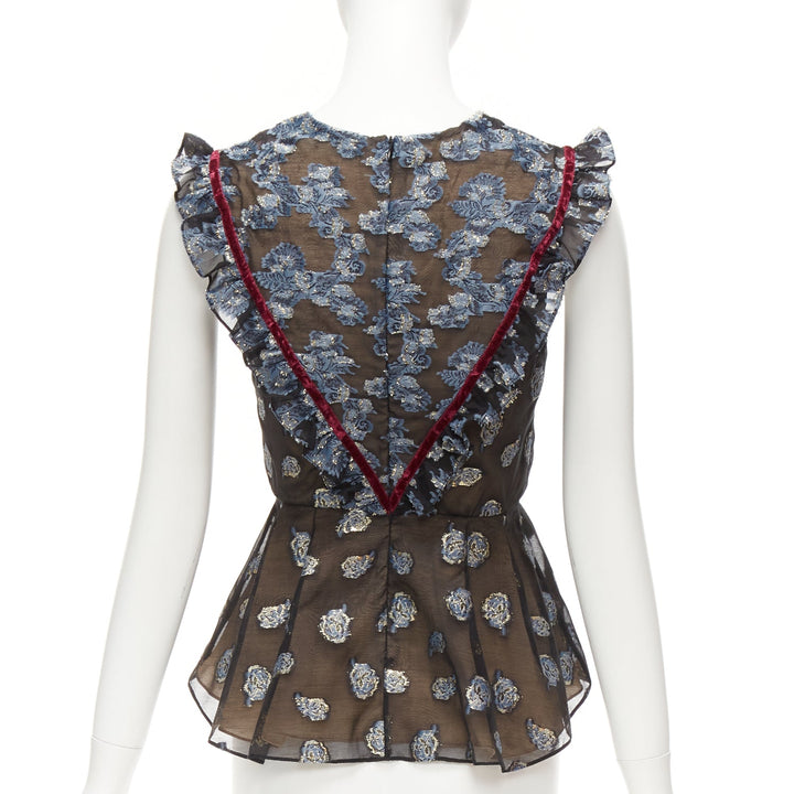 ERDEM 2016 multicolour velvet trim gold blue jacquard frill peplum top UK6 XS