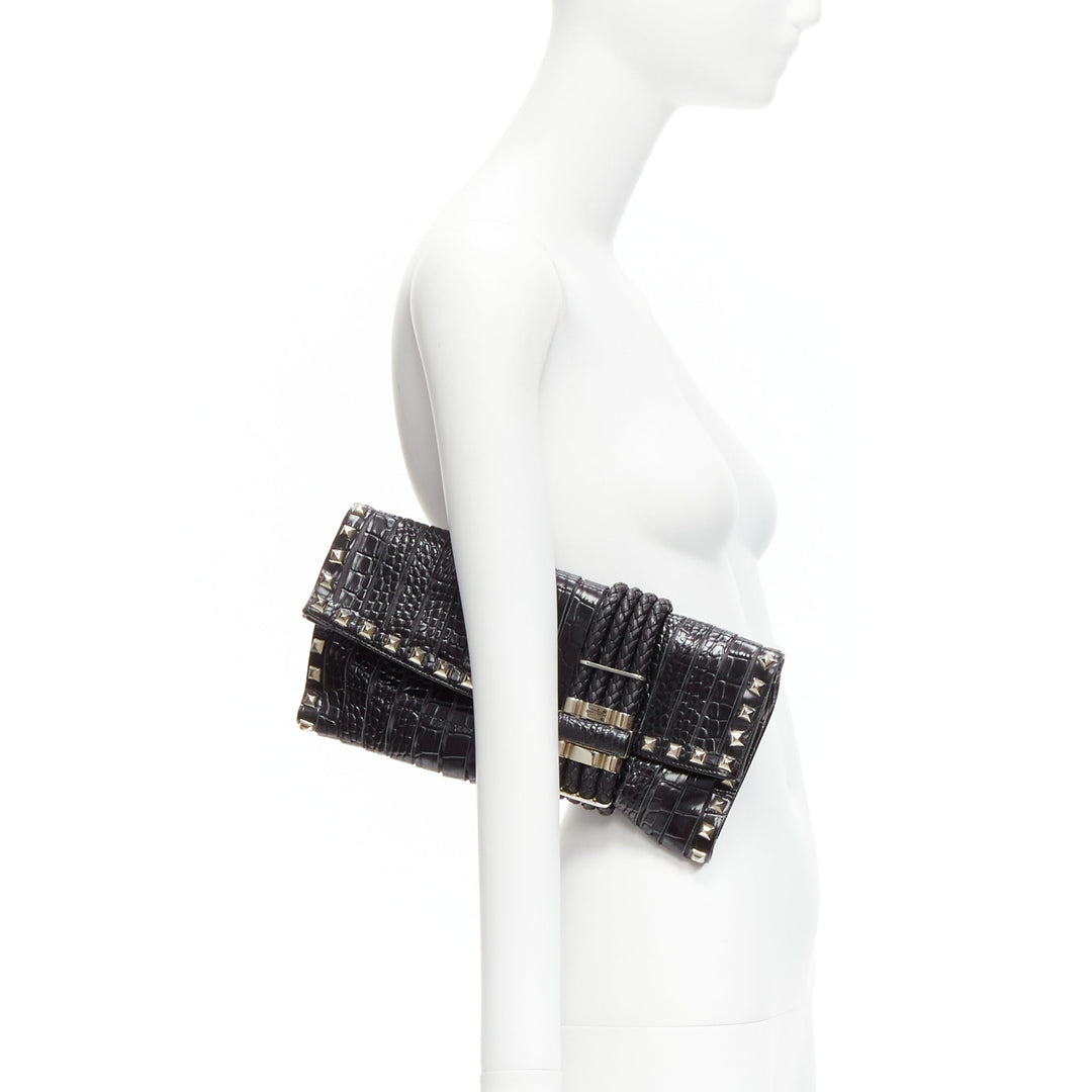 JIMMY CHOO Chandra black croc embossed studs woven magnet clasp clutch bag