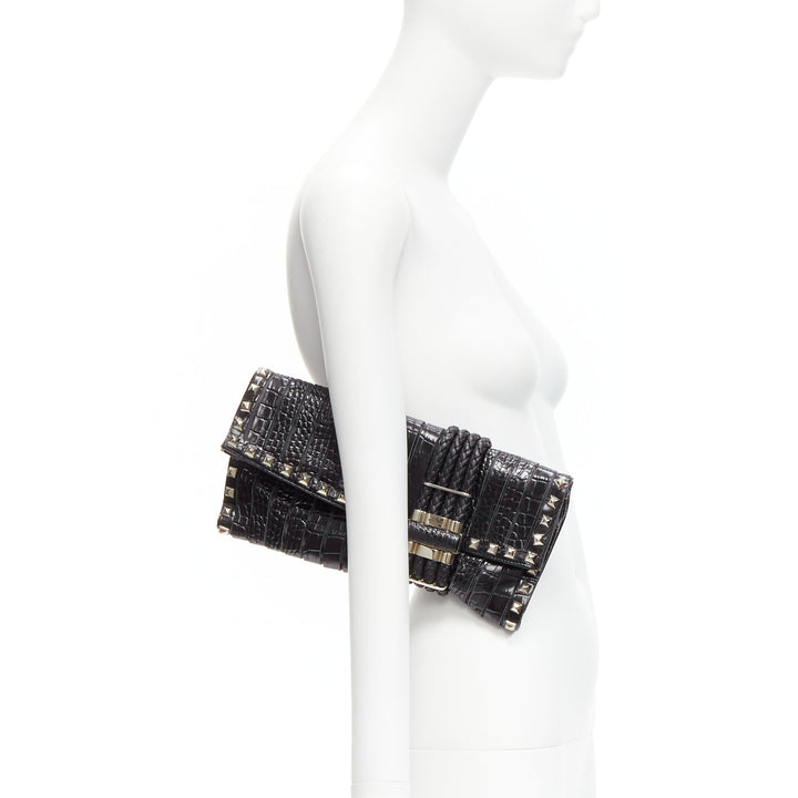 JIMMY CHOO Chandra black croc embossed studs woven magnet clasp clutch bag