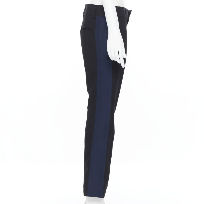 HAIDER ACKERMANN 100% fleece wool black navy grosgrain side cropped pants FR36