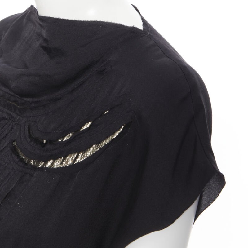 LANVIN ALBER ELBAZ 2009 black silk lurex gold cut out cap sleeve top FR36 XS