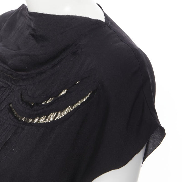 LANVIN ALBER ELBAZ 2009 black silk lurex gold cut out cap sleeve top FR36 XS