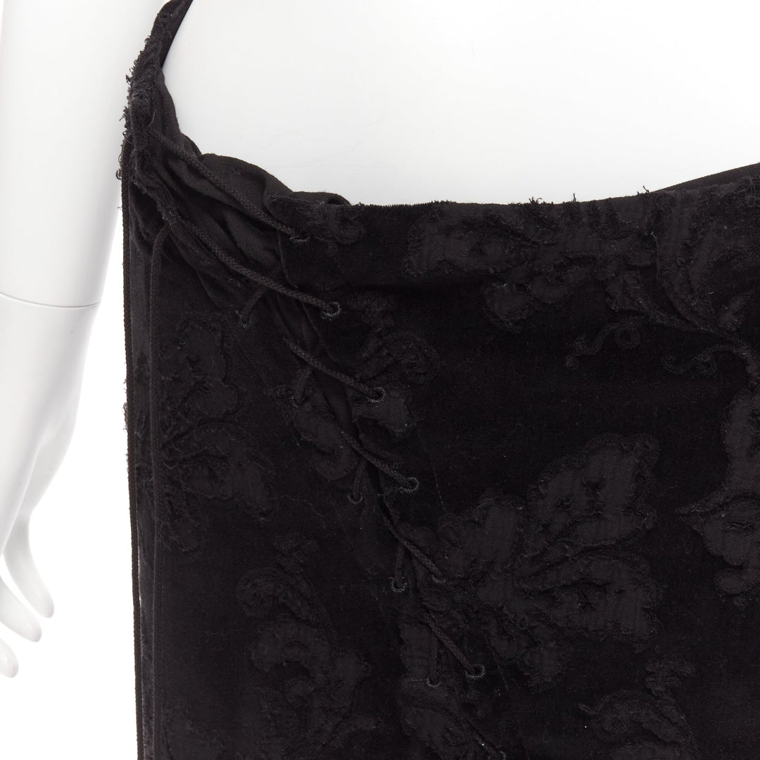 YOHJI YAMAMOTO NOIR black cotton velvet floral jacquard lace up skirt JP1 S