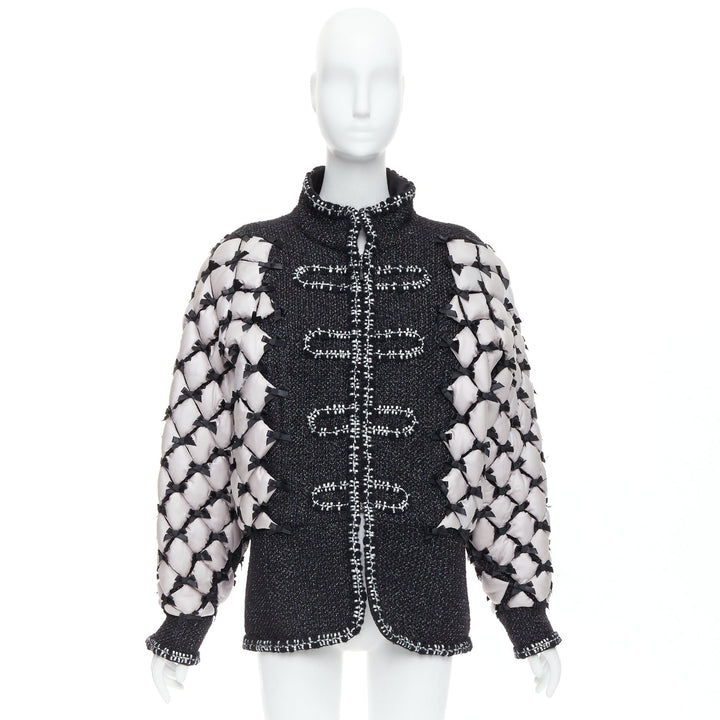 rare CHANEL 15A Runway black tweed white quilted tromp loeil ribbon  jacket FR50
