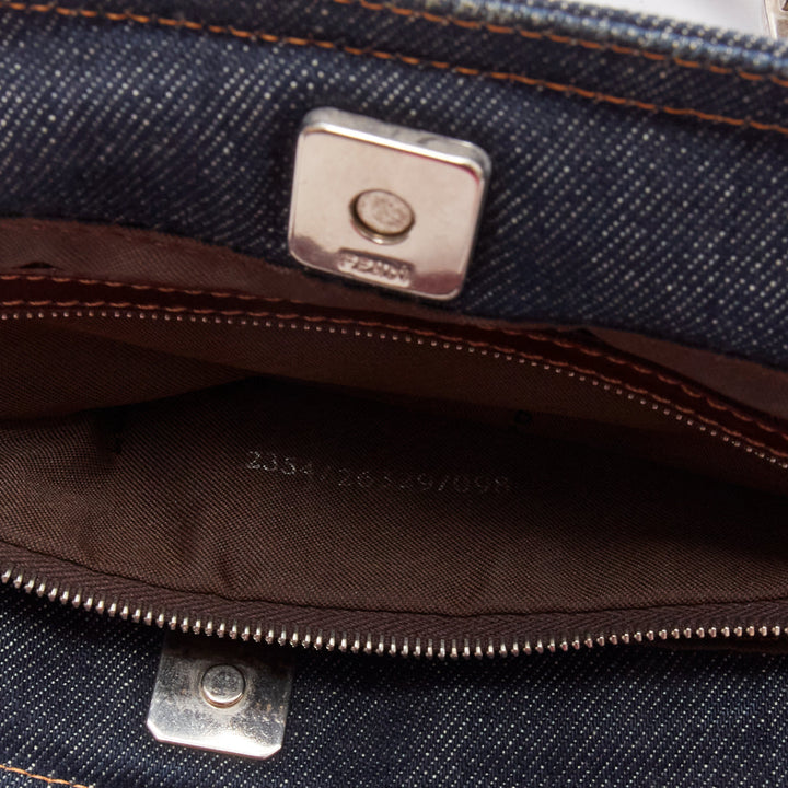FENDI Vintage Twin dark blue denim FF buckle brown handle bag