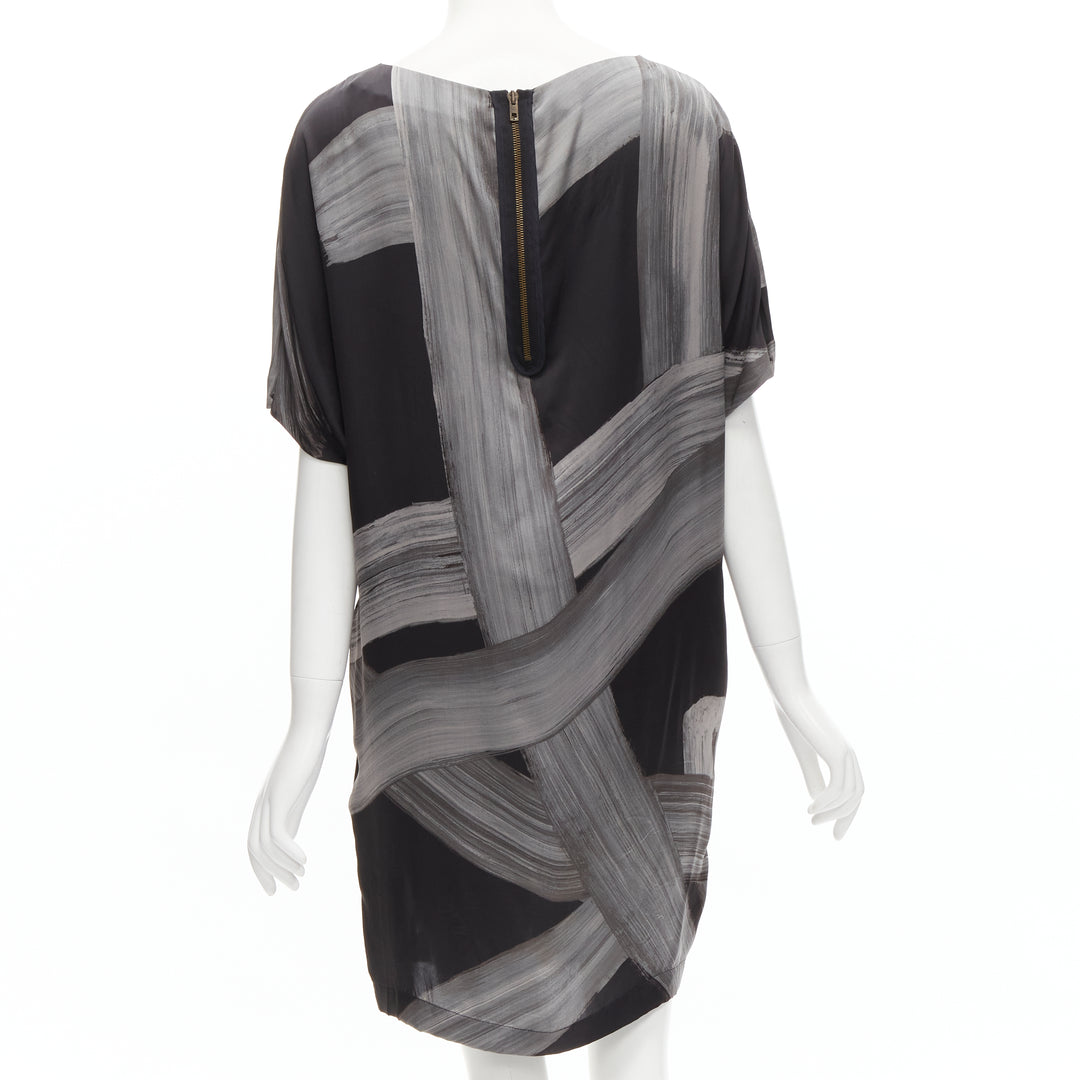 STELLA MCCARTNEY 100% silk black grey brush stroke print bateau dress IT38 XS