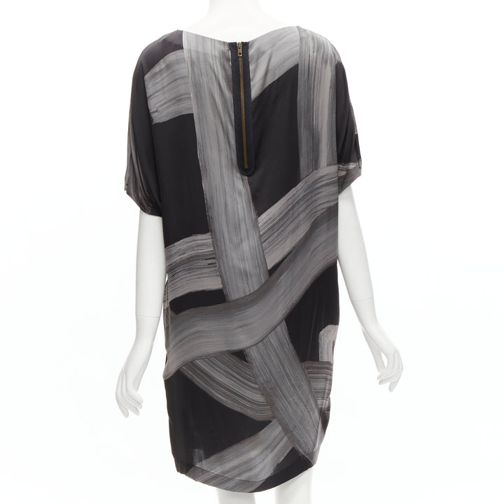 STELLA MCCARTNEY 100% silk black grey brush stroke print bateau dress IT38 XS