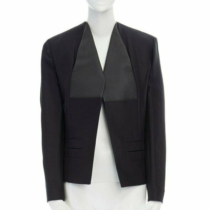 runway BALENCIAGA GHESQUIERE 2012 black leather panel collarless jacket FR34 XS