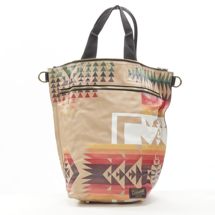 rare SACAI PENDLETON aztec ethnic print brown leather foldover tote bag