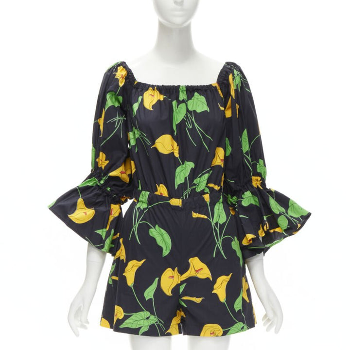 LE DOUBLE J Mantero black green yellow leaf print cotton flared cuff romper XS