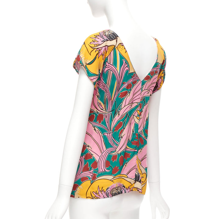 MARNI pink green floral illustration print gathered side cap sleeve top IT38 XS