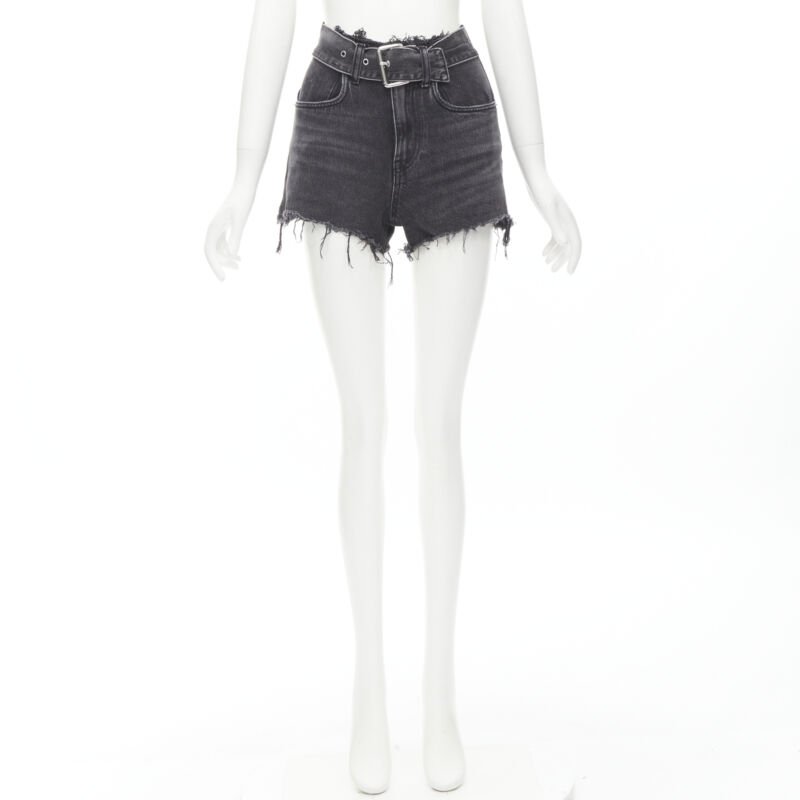 ALEXANDER WANG black washed denim silver buckle cut off frayed shorts 24"