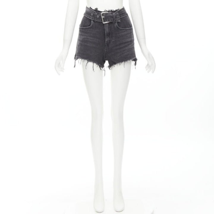 ALEXANDER WANG black washed denim silver buckle cut off frayed shorts 24"