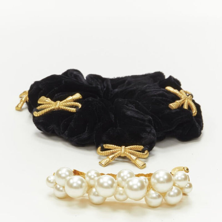 CHIC & PLUS ALEXANDRE ZOUARI gold bow velvet scrunchie SUN VIOLET pearl clip X2