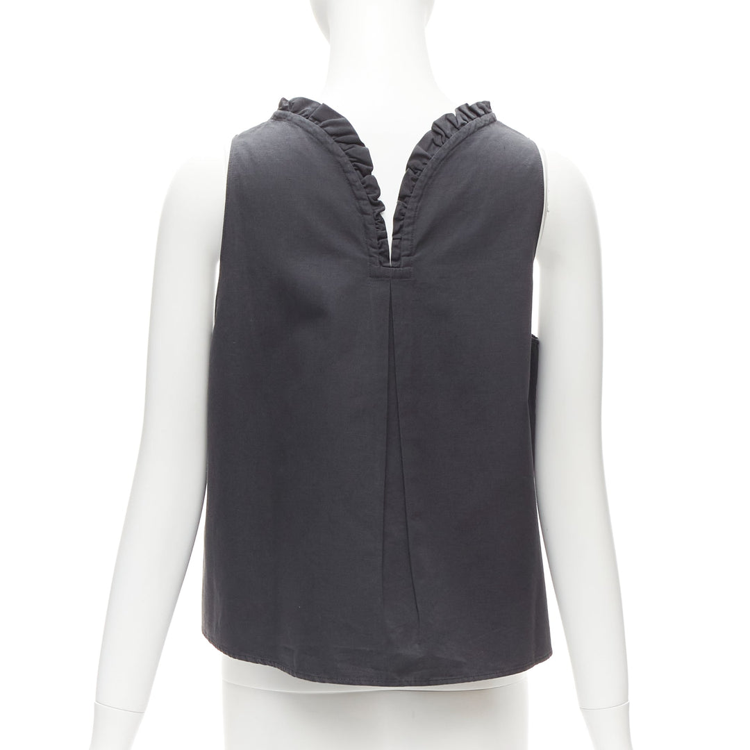 ATLANTIQUE ASCOLI charcoal grey ruffle collar dipped back boxy top US2 S