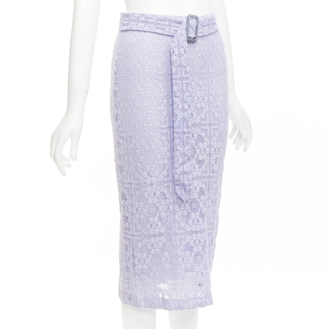 BURBERRY Runway lilac purple cotton blend lace belted pencil skirt IT36 XXS