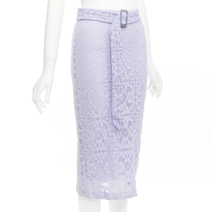 BURBERRY Runway lilac purple cotton blend lace belted pencil skirt IT36 XXS