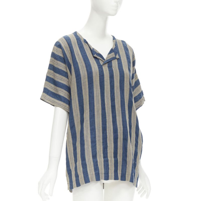 COMME DES GARCONS Vintage brown blue striped linen boxy fit shirt S