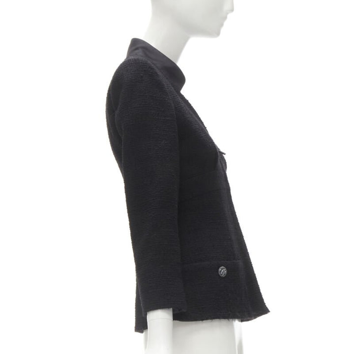 CHANEL 17C Paris Cuba lattice tweed Coco satin collar little black jacket FR36 S
