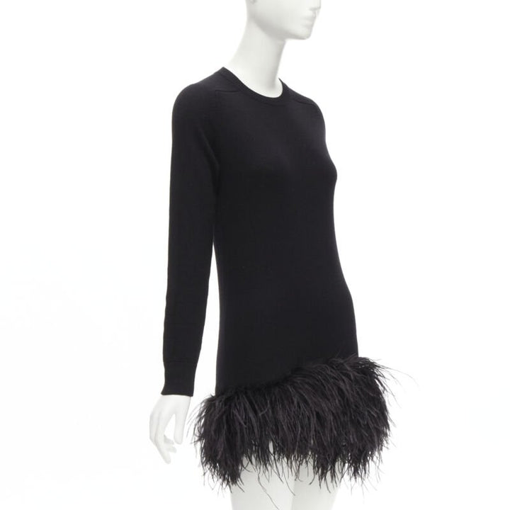 SAINT LAURENT 100% cashmere black ostrich feather trim mini sweater dress XS