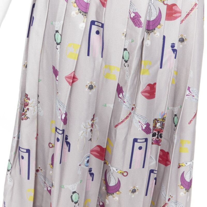MARY KATRANTZOU grey mixed illustration print pleated midi flared skirt UK10 27"