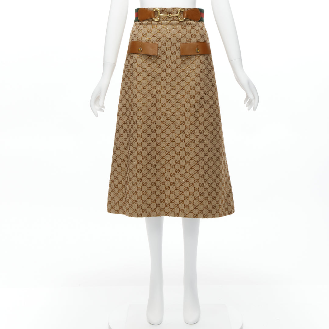 GUCCI Aria GG monogram crystal brown leather horsebit A-line midi skirt IT38 XS