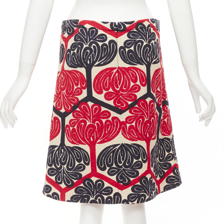 MARNI 2011 red navy cream ethnic print cotton Aline knee skirt IT38 XS