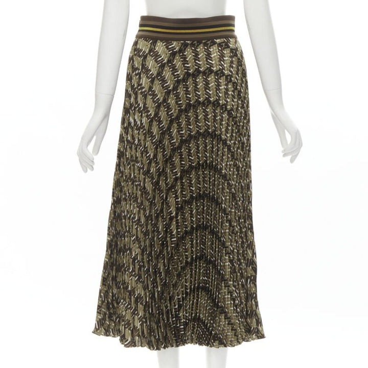 FENDI Roma Amor brown gold graphic print pleated plisse silk skirt IT42 M