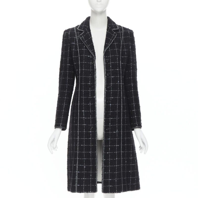LUISA BECCARIA black silver check glitter tweed embellished long coat IT40 S