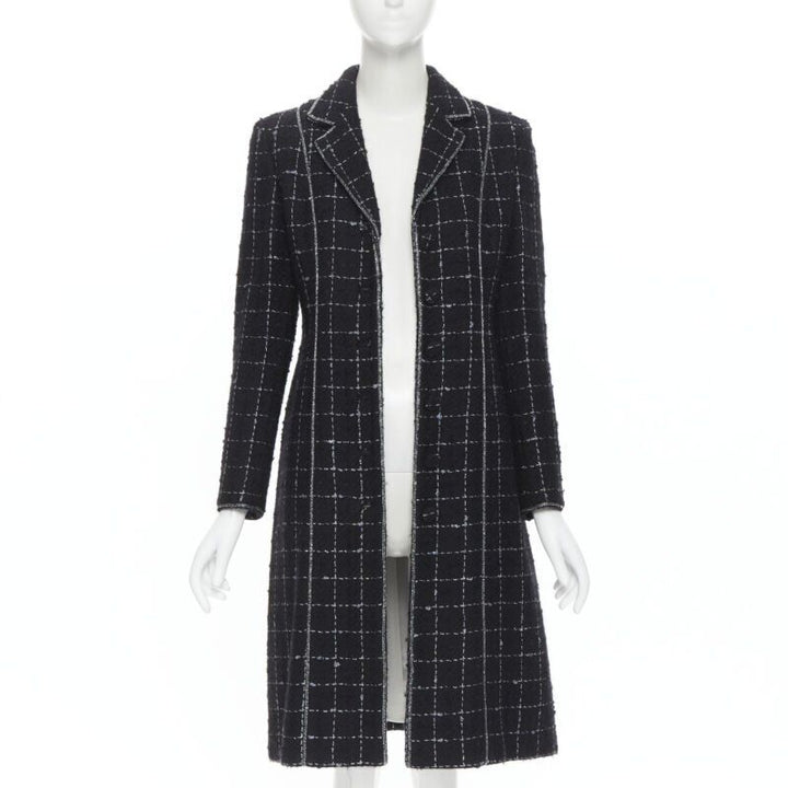 LUISA BECCARIA black silver check glitter tweed embellished long coat IT40 S
