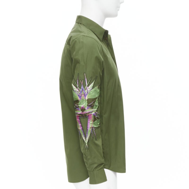 Runway GIVENCHY Tisci 2012 green cotton Birds of Paradise patch sleeve shirt S