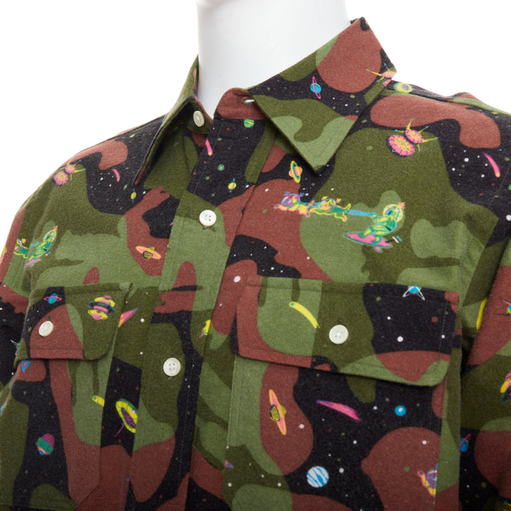 BILLIONAIRE BOYS CLUB green brown cotton camo UFO print shirt M