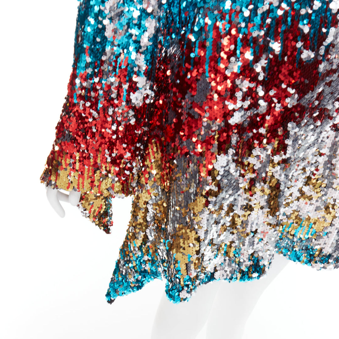HALPERN A21D20J Flip Sequin multicolor flare drape hem mini dress FR42 XL