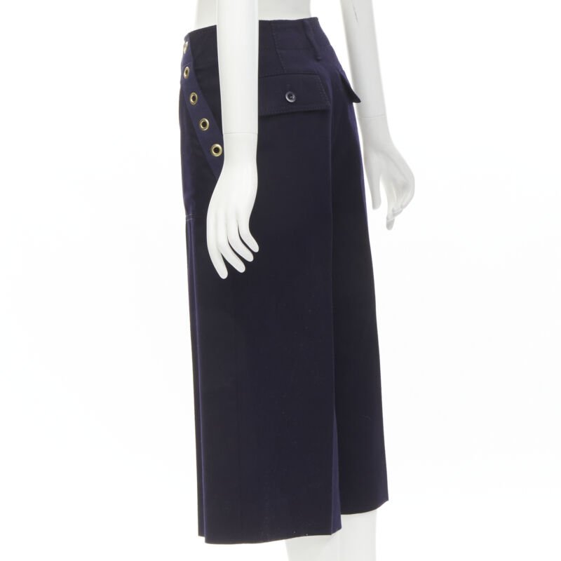 SACAI 2016 navy wool gold grommet stud trim wide leg culotte pants JP2 M