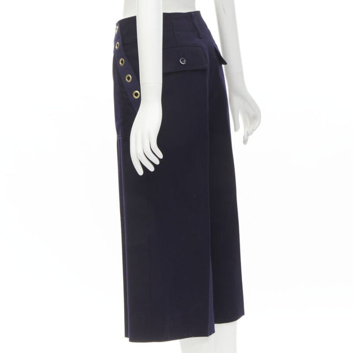 SACAI 2016 navy wool gold grommet stud trim wide leg culotte pants JP2 M